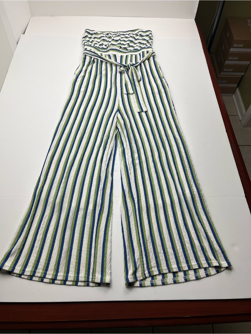 Anthropologie Maeve Meja Strapless Striped Knit Wide Leg Jumpsuit Small FLAW‎
